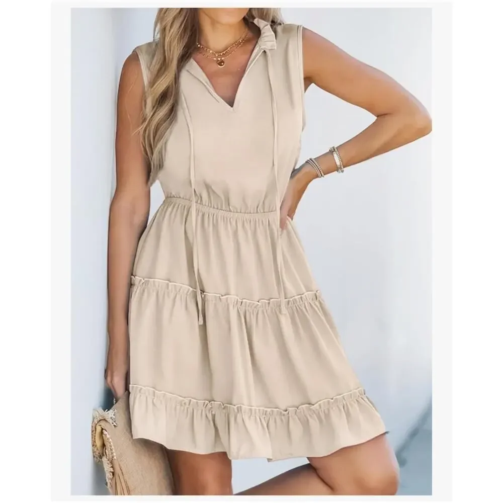 NWT Cupshe Women's Short Sleeveless Dress Ruffle Beige Size Small Beach Swim - Picture 3 of 16